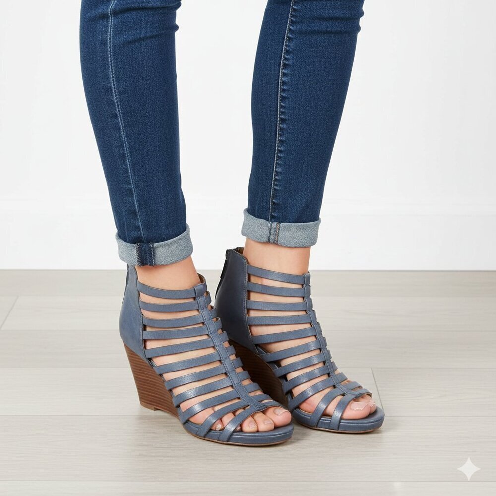 🐶Johnston Murphy Women 7.5 Heels blue Leather Caged Gladiator Wedge Pla…